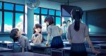  2boys 4girls bangs black_hair blue_neckwear blue_skirt bow bowtie brown_hair classroom closed_eyes glasses highres korean_commentary long_hair looking_at_another looking_down looking_up multiple_boys multiple_girls necktie open_mouth original ponytail popuru school_uniform short_hair skirt summer yellow_eyes 