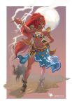  1girl abs absurdres arm_up big_hair bracelet character_name commentary_request dark_skin earrings full_body gerudo green_eyes hand_on_hip heomit highres hoop_earrings jewelry korean_commentary lightning lipstick long_hair makeup navel red_hair ring sand smile solo standing sword the_legend_of_zelda the_legend_of_zelda:_breath_of_the_wild tied_hair urbosa weapon 
