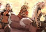  3girls animal_ears atalanta_(alter)_(fate) atalanta_(fate) bangs bikini black_bikini blonde_hair boots bottle breasts caenis_(fate) couch cup dark-skinned_female dark_skin drinking_glass fate/grand_order fate_(series) hairband holding holding_bottle holding_cup jacket jikihatiman leg_belt long_hair looking_at_viewer looking_back mordred_(fate) mordred_(fate/apocrypha) multiple_girls necktie open_mouth pants pointy_ears ponytail short_hair shorts silver_hair sitting smile sunlight sweater swimsuit tail tattoo teeth thigh_boots thighhighs vest wine_glass 