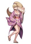  1girl animal_print bangs breasts cat_print cinko collarbone danganronpa fan folding_fan full_body hand_up highres holding holding_fan japanese_clothes kimono large_breasts long_hair long_sleeves looking_at_viewer no_bra obi older open_clothes open_kimono open_mouth saionji_hiyoko sandals sash shiny shiny_skin simple_background sleeves_past_fingers sleeves_past_wrists smile solo standing standing_on_one_leg super_danganronpa_2 thighs upper_teeth white_background wide_sleeves 