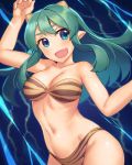  1girl :d animal_print bangs bikini blue_eyes blush breasts cleavage electricity green_hair horns large_breasts long_hair looking_at_viewer lum open_mouth pointy_ears rotix sidelocks smile solo swimsuit tiger_print urusei_yatsura 