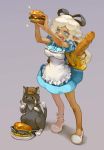  absurdres apron backpack bag baguette beret black_cat black_fur blue_dress blue_eyes bread cat catsila dress elf fish food fork grey_scarf hamburger hat highres knife original pointy_ears ribbon scarf shoes tan white_apron white_footwear white_fur white_hair 