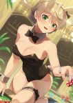  1girl :d ahoge animal_ears bangs bare_arms bare_legs bare_shoulders black_bow black_footwear black_hairband black_leotard black_neckwear blurry blurry_background blush bow bow_hairband bowtie braid breasts bunny_ears bunny_girl bunny_tail bunnysuit casino casino_card_table cleavage collarbone commentary_request covered_navel depth_of_field detached_collar dutch_angle eyebrows_visible_through_hair fake_animal_ears fake_tail feet_out_of_frame fingernails folded_leg green_eyes groin hair_between_eyes hair_bow hairband hand_on_table hand_up high_heels highleg highleg_leotard highres holding idolmaster idolmaster_million_live! idolmaster_million_live!_theater_days indoors kamille_(vcx68) leaning_forward leg_garter leg_up lens_flare leotard light_brown_hair looking_at_viewer medium_breasts nail_polish on_table open_mouth pink_nails poker_chip sakuramori_kaori shadow shiny shiny_hair shoes short_hair smile solo sparkle standing standing_on_one_leg strapless strapless_leotard table tail tied_hair wrist_cuffs 