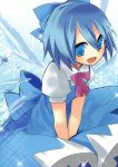  1girl akuya-azami back_bow blue_bow blue_dress blue_eyes blue_hair bow cirno dress dress_tug hair_bow ice ice_wings light_blush looking_at_viewer neck_ribbon puffy_short_sleeves puffy_sleeves red_neckwear red_ribbon ribbon short_hair short_sleeves smile snowflake_background solo sparkle touhou wings 