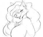  anthro breasts canid canine canis fangs female fur hair mammal monochrome open_mouth open_smile sia_(ebonycrowned) simple_background sketch smile solo tattoorexy white_background wolf 