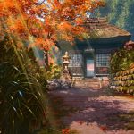 absurdres autumn autumn_leaves building commentary_request day dirt_road flower forest grass highres leaf light_rays nature no_humans original outdoors road scenery sky sumassha_t_t sunbeam sunlight temple thatched_roof tree 