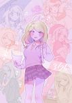  1girl :d ahoge akamatsu_kaede bag bangs blonde_hair blush breasts collar collared_shirt commentary_request danganronpa eighth_note eyebrows_visible_through_hair hair_ornament highres holding long_hair long_sleeves looking_at_viewer multiple_views musical_note musical_note_hair_ornament necktie new_danganronpa_v3 open_mouth pleated_skirt purple_eyes school_uniform shirt simple_background skirt smile standing sweater_vest zang_li 
