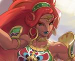  1girl arm_up armor bare_shoulders big_hair collarbone commentary_request dark_skin earrings eyelashes gerudo gold_earrings green_eyes heomit hoop_earrings jewelry korean_commentary lipstick long_hair makeup pointy_ears portrait red_hair smile solo the_legend_of_zelda the_legend_of_zelda:_breath_of_the_wild urbosa 