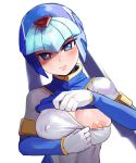  1girl alternate_breast_size android blue_eyes blush breasts covered_nipples facing_viewer head_tilt helmet karaza_(kurobutimegane) large_breasts leviathan_(rockman) looking_at_viewer nipple_slip nipples rockman rockman_zero shirt_lift simple_background smile solo undressing white_background 