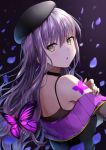  1girl absurdres bang_dream! bangs beret black_choker black_headwear blue_petals brown_eyes butterfly_tattoo choker dark_background earrings hand_on_own_shoulder hat highres jewelry long_hair looking_back mia_(fai1510) minato_yukina nail_polish open_mouth petals purple_butterfly shoulder_tattoo silver_hair solo tattoo upper_body yellow_nails 