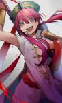  1boy absurdres arm_up bangs blurry blurry_foreground braid commentary_request cowboy_shot depth_of_field grin hair_between_eyes hair_ornament hand_up hat highres holding holding_sword holding_weapon huyuharu0214 long_hair looking_at_viewer magi_the_labyrinth_of_magic open_mouth pink_hair red_eyes red_hair ren_kouha smile solo sword upper_teeth weapon 
