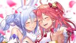  2girls :d ^_^ ahoge animal_ear_fluff animal_ears bare_shoulders bell blue_hair blush braid breasts bunny_ears bunny_girl carrot_hair_ornament closed_eyes creature detached_sleeves don-chan_(usada_pekora) eyebrows_visible_through_hair food_themed_hair_ornament hair_bell hair_between_eyes hair_ornament hairclip halter_top halterneck highres hikosan20216917 hololive japanese_clothes kimono long_hair multicolored_hair multiple_girls nontraditional_miko one_side_up open_mouth pink_hair sakura_miko scarf smile thick_eyebrows twin_braids two-tone_hair usada_pekora virtual_youtuber white_hair x_hair_ornament 