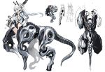  1girl animal_ears breasts centauroid fake_animal_ears from_side gun hand_on_hip highres holding holding_gun holding_weapon horse_ears iinuma_toshinori mecha_musume mechanical_ears mechanical_tail medium_breasts multiple_views original sketch tail tied_hair weapon white_background white_hair 