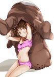  1girl animal_costume bokukawauso brown_eyes brown_hair camisole commentary_request cowboy_shot highres kantai_collection looking_at_viewer mascot navel one_eye_closed otter_costume panties pink_camisole pink_panties rizzl ryuujou_(kantai_collection) simple_background solo underwear undressing white_background 