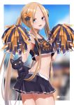  1girl abigail_williams_(fate/grand_order) alternate_costume artist_name black_bow black_skirt blonde_hair blue_eyes bow cat cheerleader commentary english_commentary fate/grand_order fate_(series) forehead hair_bow hands_up highres long_hair looking_at_viewer midriff open_mouth orange_bow polka_dot polka_dot_bow pom_poms skirt smile solo thighs twintails unlock-creed very_long_hair 