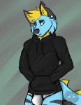  anthro black_clothing black_hoodie black_topwear blonde_hair blue_body blue_fur briefs canid canine canis clothing drawyourfursona fur hair hoodie male mammal meme meme_clothing solo standing sursiq topwear underwear white_clothing white_underwear wolf 