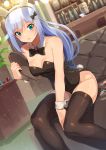  1girl alcohol animal_ears aqua_eyes bangs bare_arms bare_shoulders between_legs black_bow black_hairband black_legwear black_leotard black_neckwear blunt_bangs blurry blurry_background blush bottle bow bowtie breasts bunny_ears bunny_girl bunny_tail bunnysuit casino cleavage closed_mouth collarbone commentary_request couch detached_collar dutch_angle eyebrows_visible_through_hair fake_animal_ears fake_tail feet_out_of_frame fishnet_legwear fishnets grey_bow hair_bow hair_ornament hairband hairclip hand_between_legs hand_up highleg highleg_leotard highres holding holding_tray idolmaster idolmaster_million_live! idolmaster_million_live!_theater_days indoors kamille_(vcx68) lens_flare leotard long_hair looking_at_viewer low-tied_long_hair medium_breasts on_couch poker_chip shadow shelf shiraishi_tsumugi sidelocks silver_hair sitting solo sparkle strapless tail thighhighs tray wavy_mouth wrist_cuffs 