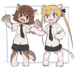  2girls animal_ears blonde_hair blue_eyes blush brown_eyes brown_hair cat_ears cat_girl cat_tail claws dog_ears dog_girl dog_tail furrification furry hair_ribbon kill_me_baby long_hair meis_(terameisu) multiple_girls necktie open_mouth oribe_yasuna purple_eyes ribbon school_uniform short_hair skirt sonya_(kill_me_baby) sparkle tail twintails 