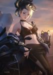  1girl akali blonde_hair blue_eyes breasts choker cleavage dog_tags earrings ground_vehicle halter_top halterneck headwear_removed helmet helmet_removed high_ponytail highres jewelry k/da_(league_of_legends) league_of_legends lips looking_at_viewer medium_breasts motor_vehicle motorcycle multicolored_hair navel outdoors ponytail raikoart solo sunset the_baddest_akali two-tone_hair 