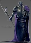  armor bertolucci_(pixiv_fantasia) black_armor black_gloves cape copyright_name full_body gem gloves grey_background hand_on_hip helmet highres holding holding_weapon jewelry long_hair nicole_pmonachi pixiv_fantasia pixiv_fantasia_sword_regalia purple_cape solo standing weapon 