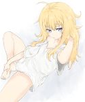  1girl bare_legs blonde_hair blue_eyes closed_mouth gabriel_dropout highres kyouta_(02squadstars) messy_hair oversized_clothes oversized_shirt shirt simple_background solo tenma_gabriel_white 