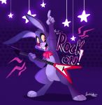  2020 bombstaticz bonnie_(fnaf) bow buckteeth fingers five_nights_at_freddy&#039;s fur guitar hair hi_res lagomorph leporid long_ears male mammal musical_instrument open_mouth open_smile plucked_string_instrument purple_body purple_fur purple_hair purple_nose rabbit ribbons signature smile solo standing string_instrument teeth toes tongue video_games 