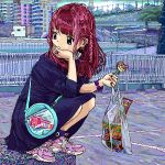  1girl ace_akira bag blue_eyes braid candy food hello_kitty hello_kitty_(character) holding holding_candy holding_food holding_lollipop lollipop looking_back medium_hair original pink_hair pixel_art reebok solo squatting 