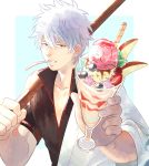  1boy absurdres blueberry cherry desert food fruit gintama highres holding holding_food kurokiseow looking_at_viewer mouth_hold parfait parted_lips red_eyes sakata_gintoki short_hair solo sparkle strawberry sword upper_body weapon white_hair wooden_sword 