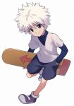  1boy blue_eyes blue_shirt blue_shorts closed_mouth commentary eyebrows_visible_through_hair full_body highres holding holding_skateboard hunter_x_hunter killua_zoldyck long_sleeves male_focus messy_hair purple_footwear purple_shirt sayshownen shirt shoes short_hair shorts simple_background skateboard smile solo spiked_hair standing standing_on_one_leg t-shirt turtleneck white_background white_hair 
