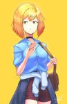  1girl absurdres bag bangs blonde_hair grimmelsdathird hair_ornament hairclip highres holding holding_phone looking_down original phone school_bag short_hair signature solo yellow_background yellow_eyes 