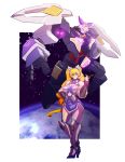  1girl absurdres blonde_hair breasts cosmikaizer drill_hair english_commentary flying glowing glowing_eyes hand_on_hip highres lana_branford large_breasts looking_at_viewer looking_down mecha original pilot_suit pink_eyes planet purple_eyes space super_robot twintails uneven_twintails 