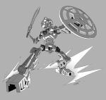  1boy absurdres bionicle gears grey_background highres jeetdoh kanohi_(bionicle) kopaka_(bionicle) mask monochrome no_humans robot shield sword the_lego_group weapon 