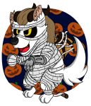  alpha_channel anthro canid canine canis chibi dark_sclera dragon food fruit halloween halloween_costume hi_res holidays horn hybrid male mammal midnightmeowth mummy_costume plant protesis pumpkin solo toilet_paper wings wolf 