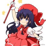  1girl akatsuki_(kantai_collection) arm_up bangs blush bow cardcaptor_sakura closed_mouth commentary_request cosplay dress eyebrows_visible_through_hair gloves hair_between_eyes holding kantai_collection kinomoto_sakura kinomoto_sakura_(cosplay) long_hair miicha pleated_dress puffy_short_sleeves puffy_sleeves purple_eyes purple_hair red_dress red_headwear shirt short_sleeves simple_background sleeveless sleeveless_dress smile solo star_(symbol) twitter_username very_long_hair white_background white_bow white_gloves white_shirt white_wings wings 