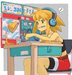  1girl absurdres bangs bare_shoulders belt bendy_straw black_tubetop blonde_hair chair desk desk_lamp drinking_straw eighth_note feet_out_of_frame gauge green_eyes headphones highres key lamp medium_hair mouth_hold musical_note red_shorts rockman rockman_dash roll_caskett school_desk screwdriver shorts sitting soldering soldering_iron solo spoken_musical_note strapless tubetop user_dztv3345 yellow_skin 