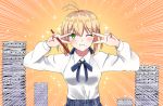  1girl ahoge artoria_pendragon_(all) blonde_hair blue_skirt blush bowl breasts chopsticks double_v fate/grand_order fate/stay_night fate_(series) food food_on_face green_eyes highres medium_breasts rice rice_bowl rice_on_face saber shirt sii_artatm skirt solo v white_shirt 