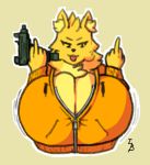  anthro big_breasts breasts canid canine canis cleavage clothed clothing debra_(lurker_bot) digital_media_(artwork) domestic_dog facing_viewer female fluffy fluffy_ears fur gesture gun huge_breasts jacket lurker_bot mammal middle_finger neck_tuft orange_clothing orange_jacket orange_topwear ranged_weapon simple_background simple_eyes smile solo tongue tongue_out topwear tuft weapon yellow_body yellow_fur 