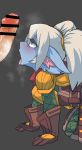  1girl absurdres armor bangs blue_skin blush breath erection gloves hetero highres league_of_legends long_hair looking_at_penis musk open_mouth penis penis_awe pointy_ears poppy sweat tongue tongue_out twintails white_hair yordle zei-minarai 
