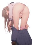  1boy anus ass bent_over blue_skirt blush brown_footwear half-closed_eyes highres hokuroryuseigun long_hair male_focus nose_blush original otoko_no_ko panties panties_around_one_leg penis perineum pleated_skirt precum precum_trail school_uniform serafuku shirt simple_background skirt socks testicles underwear undressing white_background white_shirt 