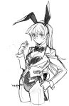  1girl 203wolves black_neckwear bow bowtie bunnysuit character_request copyright_request detached_collar hand_on_hip highres looking_at_viewer monochrome solo white_background 