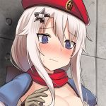  1girl 9a-91_(girls_frontline) beret blue_eyes blush breasts cleavage closed_mouth dakunesu eyebrows_visible_through_hair girls_frontline gloves grey_gloves hair_ornament hat long_hair looking_down red_scarf scarf silver_hair simple_background solo_focus star_(symbol) star_hair_ornament sweatdrop tears 