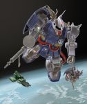  clenched_hand flying glowing glowing_eye graphite_(medium) gun gundam gundam_msv holding holding_gun holding_weapon looking_to_the_side mecha nagase_mizuchi no_humans one-eyed planet shoulder_cannon space_craft traditional_media weapon white_eyes zaku_cannon 