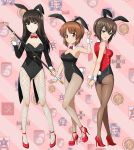  3girls anzio_(emblem) arms_behind_back ass_visible_through_thighs breasts brown_eyes brown_hair bunny_tail bunnysuit cleavage detached_collar emblem fishnets girls_und_panzer haiiro_purin hair_between_eyes high_heels kuromorimine_(emblem) large_breasts long_hair looking_at_viewer medium_breasts multiple_girls nishizumi_maho nishizumi_miho nishizumi_shiho pantyhose pravda_(emblem) red_footwear saunders_(emblem) short_hair smile st._gloriana&#039;s_(emblem) standing standing_on_one_leg striped striped_background tail thighs wrist_cuffs 