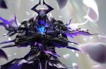  1boy armor blue_eyes breastplate cape commentary_request falling_feathers fate/grand_order fate_(series) gauntlets glowing glowing_eyes greatsword hands_on_hilt highres horned_headwear horns king_hassan_(fate/grand_order) looking_at_viewer male_focus mrpk pauldrons planted_sword planted_weapon purple_cape shoulder_armor signature skull skull_mask solo sword upper_body weapon 