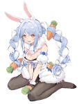  1girl :d animal_ear_fluff animal_ears bare_shoulders black_gloves black_legwear blush braid breasts bunny_girl bunnysuit carrot carrot_hair_ornament detached_sleeves eyebrows eyebrows_visible_through_hair food_themed_hair_ornament fur_trim gloves hair_ornament hololive looking_at_viewer mamemena medium_breasts multicolored_hair no_shoes open_mouth pantyhose red_eyes simple_background sitting sleeves smile solo teeth thick_eyebrows twin_braids usada_pekora virtual_youtuber wariza 