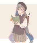  1girl alternate_costume bangs beret black_headwear blue_hair blush book colis grey_hair grey_skirt hair_between_eyes hair_ornament hair_ribbon hairclip hat holding holding_book kantai_collection kiyoshimo_(kantai_collection) leaf long_hair long_sleeves low_twintails multicolored_hair purple_eyes ribbon shirt simple_background skirt solo twintails twitter_username two-tone_background very_long_hair white_shirt 