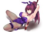  1girl animal_ears arm_behind_back arm_up armpits bangs breasts bunny_ears bunny_tail bunnysuit cleavage commentary_request detached_collar fake_animal_ears fate/grand_order fate_(series) fishnet_legwear fishnets gae_bolg hair_between_eyes high_heels highleg highleg_leotard large_breasts leaning_back leotard long_hair looking_at_viewer pantyhose piercing_bunny polearm ponytail purple_hair purple_leotard red_eyes revision scathach_(fate)_(all) scathach_(fate/grand_order) simple_background smile soba_(saz) spear tail thighs weapon white_background wrist_cuffs 