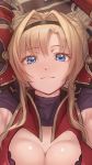  1girl armpits arms_up bangs blonde_hair blue_eyes braid breasts cleavage closed_mouth elbow_gloves gauntlets gloves granblue_fantasy hair_intakes hairband highres large_breasts long_hair looking_at_viewer lying on_back red_armor sidelocks smile tekkai_blade twintails zeta_(granblue_fantasy) 