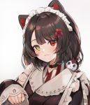  1girl :3 animal_ears bangs choker dog_ears eyebrows eyebrows_visible_through_hair flower hair_flower hair_ornament headdress heterochromia inui_toko japanese_clothes kimono long_sleeves looking_at_viewer maid_headdress mamemena nijisanji red_eyes simple_background sleeves sleeves_past_elbows sleeves_past_wrists solo striped swept_bangs vertical_stripes virtual_youtuber yellow_eyes 