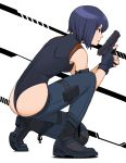  1girl arm_pouch ass black_eyes black_gloves black_leotard boots breasts combat_boots commentary_request fingerless_gloves fingernails flat_ass from_side full_body ghost_in_the_shell gloves gun handgun highleg highleg_leotard highres holding holding_gun holding_weapon holster kusanagi_motoko leotard lowleg lowleg_pants one_knee pants pistol purple_hair shigenobu short_hair single_knee_pad sleeveless small_breasts solo thigh_holster trigger_discipline weapon 